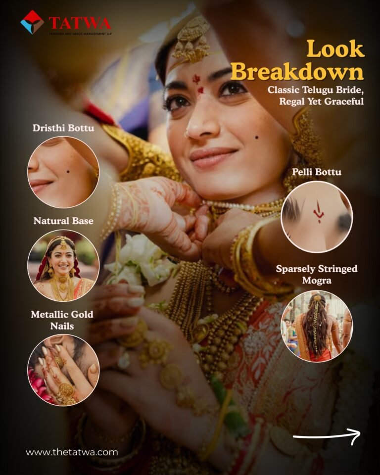 South Indian bridal styling in Bengaluru with dristhi bottu, pelli bottu, natural bridal makeup, metallic gold nails and mogra flowers in bridal hairstyle